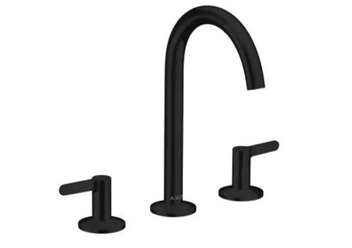 Drei-Loch Waschbeckenarmatur in mattschwarz mit zwei Steuerhebeln und hohem Auslauf, hergestellt von AXOR. Entwurf für modernes Badezimmerdesign.